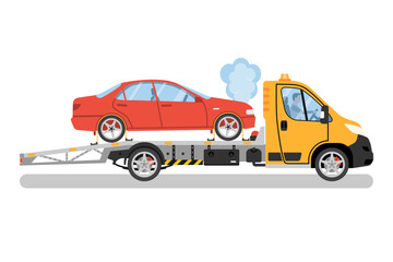 Tow truck. Emergency roadside assistance. Vehicle roadside assistance. A tow truck is transporting a broken down car. Vector illustration flat design. Isolated on white background.