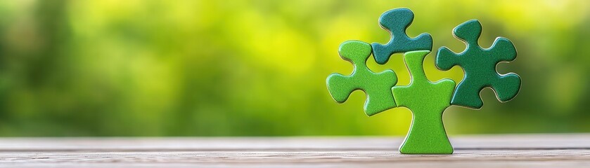 Green puzzle piece shaped like a tree on a blurred natural background.