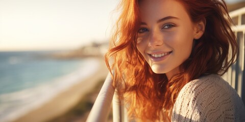 A cute red-haired girl with a beautiful smile poses near the coast on the pier, close-up portrait, Generative AI.