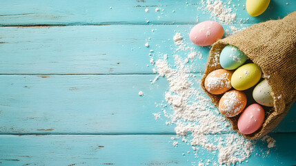 A blue background with a bag of powdered sugar and a bunch of eggs