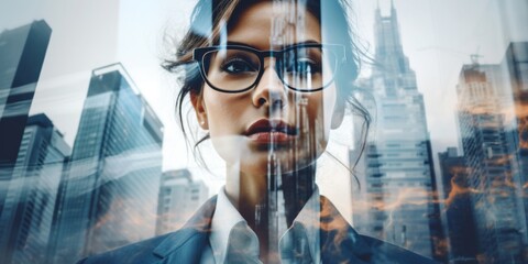 Fototapeta premium Double exposure of businesswoman silhouette and modern city. Generative AI.