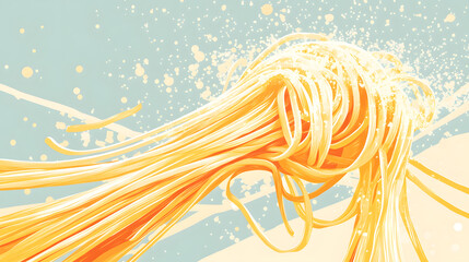 A long yellow noodle with a blue background