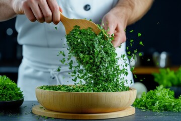 A chef whisking herbs into a marinade, with green flecks of parsley and cilantro mixing into a vibrant sauce