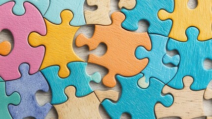 Colorful puzzle pieces scattered on a wooden surface.