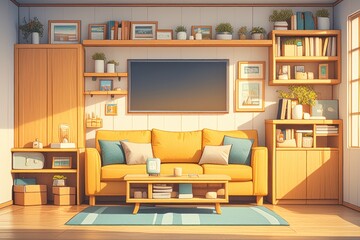Cozy Living Room Interior Illustration with Yellow Sofa and Bookshelves