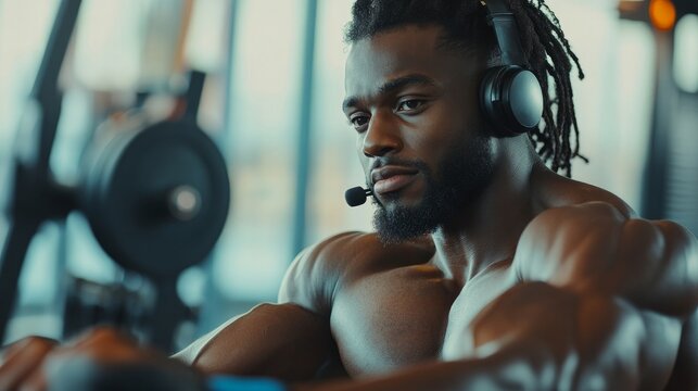 A young black athlete who is motivated is working out on a rowing machine while using a wireless headphone. In the gym, a handsome African American man is training his body using a contemporary block