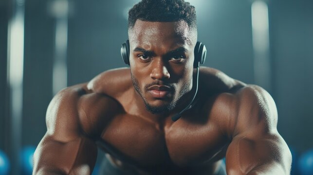 A young black athlete who is motivated is working out on a rowing machine while using a wireless headphone. In the gym, a handsome African American man is training his body using a contemporary block