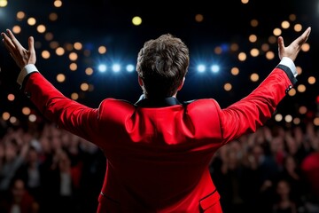 A director taking credit for a new product launch, standing on stage and presenting it to a cheering audience