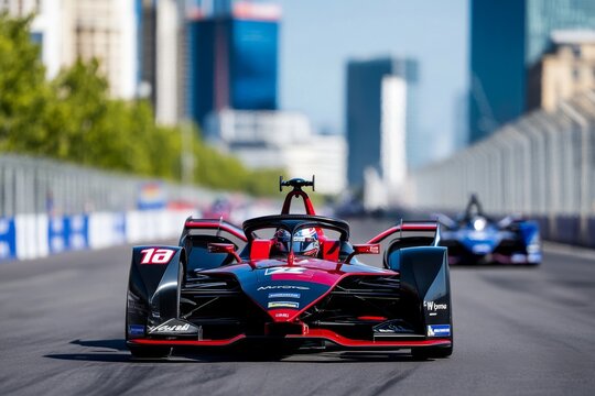 A driver taking a risk in a high-speed race, accelerating through a sharp turn with other cars close behind