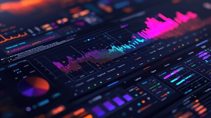 Obraz premium Abstract digital dashboard with colorful graphs and charts depicting data analysis and financial metrics for business insights.