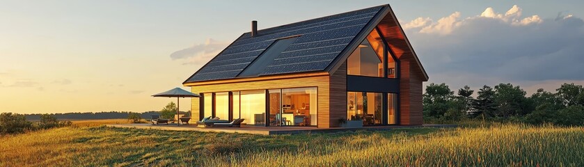 Fototapeta premium Modern countryside house with solar panels at sunset, surrounded by nature. Perfect for sustainable living and tranquility enthusiasts.