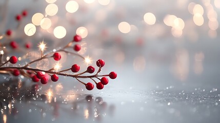 Snowflakes, red berries, and tiny white Christmas lights spread on a reflective silver background...