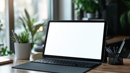 Fototapeta premium Modern workspace with a blank-screen tablet, potted plant, and stationery on a wooden desk against a window with natural light.