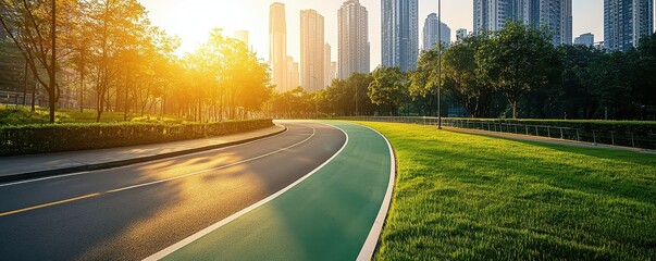 Sunlit urban parkway lined with trees and skyscrapers, offering a tranquil scenic view ideal for outdoor activities in the city.