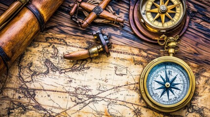 Fototapeta premium Vintage Exploration Tools and Antique Map Backdrop