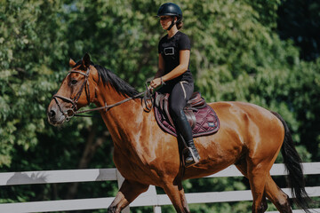 A young female equestrian rides a brown horse in an outdoor arena, showcasing focus and harmony with the animal amidst a lush green backdrop.