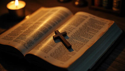 Open Bible with Wooden Cross and Candlelight &ndash; Symbolic Still Life of Faith, Reflection, and Spirituality in Warm, Peaceful Ambience