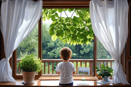 A peaceful watercolor scene of a child taking a rain check on playing outside, watching the rain from their bedroom window, soft blues and greys blending into the scene