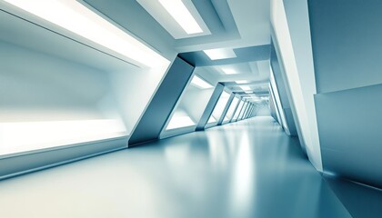 A futuristic corridor with abstract architectural elements, showcasing sleek lines and a minimalist design, illuminated by soft, ambient light, conveying a sense of modernity.