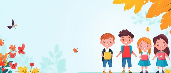 Fototapeta premium Autumn Schoolyard Adventure: Playful Students in a Vibrant Landscape