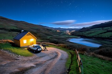 A person taking advantage of a clear night sky, setting up a telescope to stargaze in the countryside