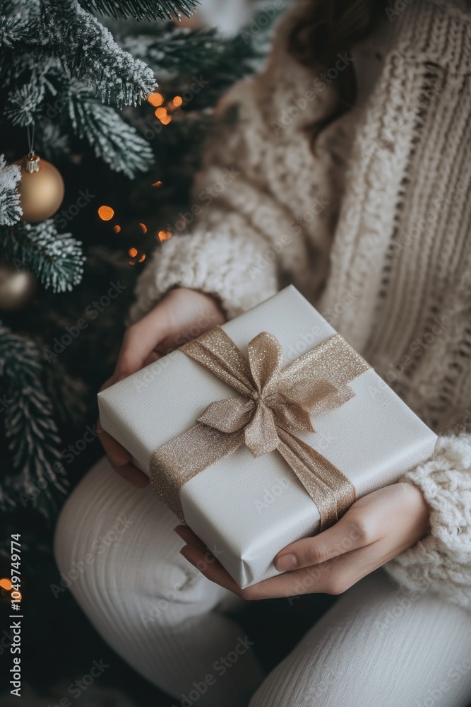 Sticker Woman with Gift by Christmas Tree