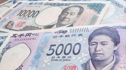 Close up of New Japanese Yen bank note (1000yen, 5000yen and 10000yen), Tokyo, Japan 2024 Sep.1