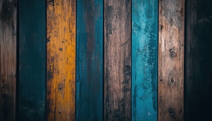 Fototapeta premium A textured background featuring a colorful arrangement of weathered wooden planks in various shades, creating a rustic and artistic feel for design projects.