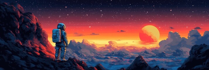Pixelated Space Odyssey, vibrant cosmos, daring astronauts, interstellar exploration, whimsical pixel art, adventure through the universe