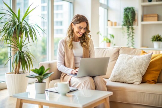 A woman using a computer at home to telework, hold a web conference, make a video call, or hold an online conference