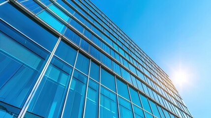Obraz premium Modern glass building with blue sky reflecting the architecture's sleek, contemporary design, capturing urban innovation and geometric elegance.