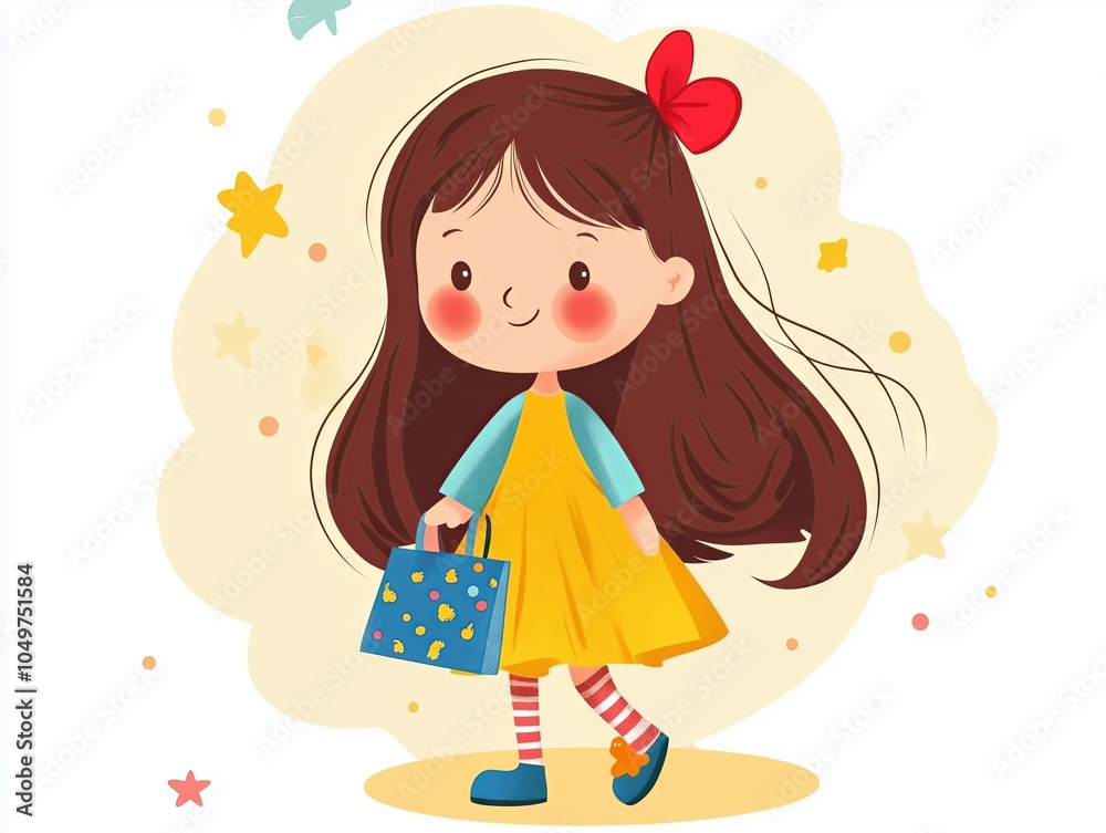 Wall mural happy little girl walking and holding shopping bag on abstract background