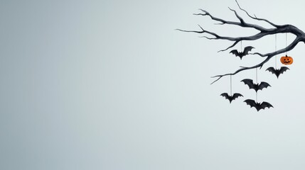 Halloween bats hanging from a branch with a pumpkin, white isolated background.