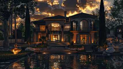 Fototapeta premium A Luxurious Villa Illuminated by Evening Lights, Nestled Beside a Tranquil Pond Under a Dramatic Sunset Sky