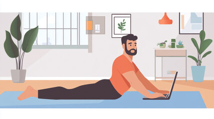 Obraz premium A man uses his laptop to follow a workout routine at home. He's doing a plank exercise, staying fit and healthy during a pandemic.