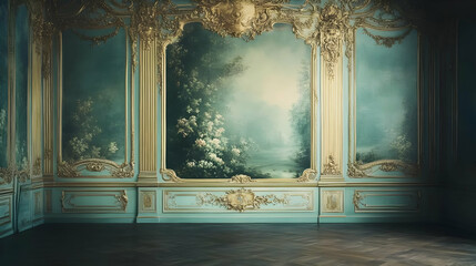 Ornate Room with Gold Trim and Floral Mural Background