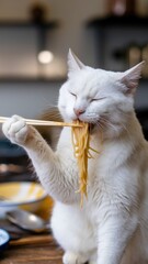 Obraz premium White Cat with Eyes Closed Holding Asian-Style Noodles