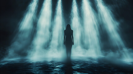 Fototapeta premium A mysterious silhouette of a woman stands in a dark, smoky environment illuminated by spotlights.