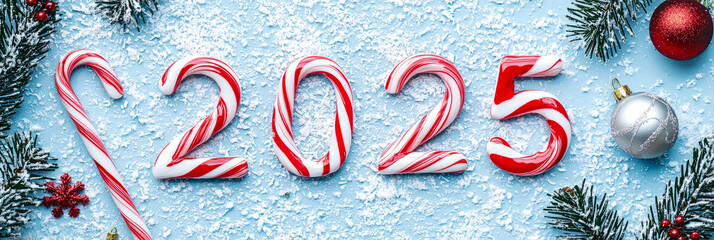 New Year's numbers 2025 in red and white stripes reminiscent of candy canes with soft snow and a festive atmosphere.