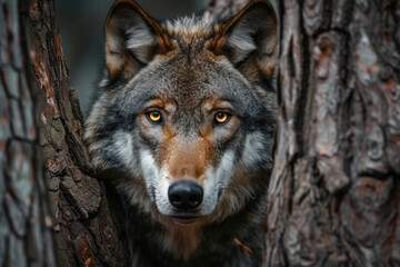 Fototapeta premium European Wolf With Glowing Eyes Hides Among Trees in a Misty Forest, Showcasing Its Fierce Beauty and Wild Nature at Dusk