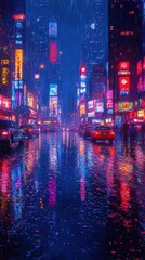Vibrant rainy urban nightscape, glistening streets, colorful neon reflections, bustling atmosphere, immersive city life