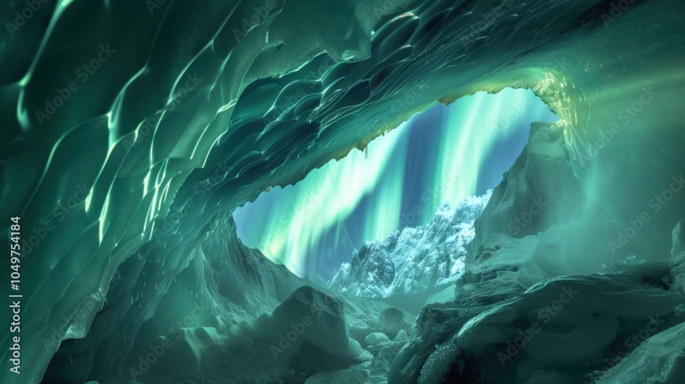 Poster a dramatic view of a high-altitude ice cave with towering, translucent ice formations and a rare, vi
