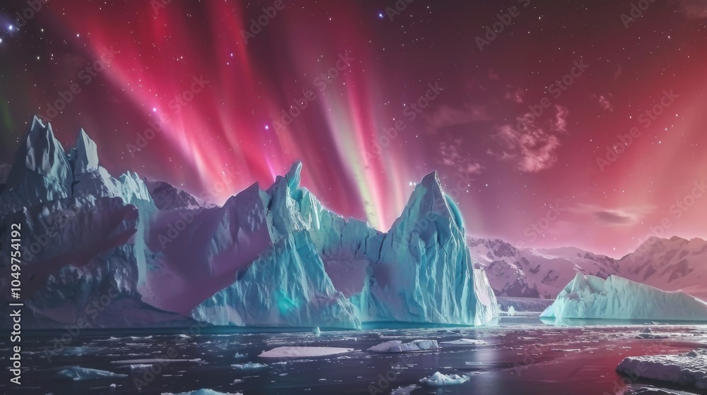 Poster a dramatic view of a high-altitude glacier with massive, fractured icebergs and a rare, deep red aur