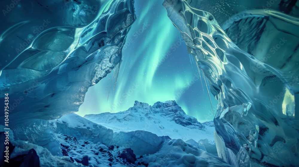 Poster a dramatic view of a high-altitude ice cave with towering, translucent ice formations and a rare, vi