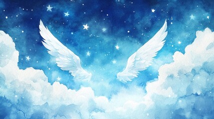 Two white wings of a bird, with the wings spread out against a blue sky