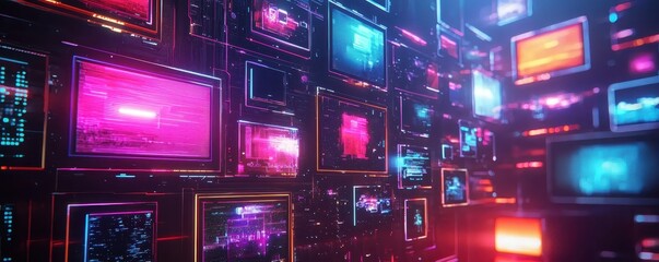 Obraz premium Colorful digital wall of vintage TVs creating a retro-futuristic aesthetic with vibrant neon lights and technological nostalgia.