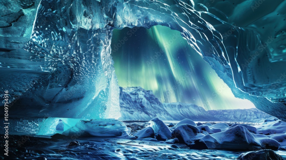 Aufkleber a dramatic view of a high-altitude ice cave with towering, translucent ice formations and a rare, vi