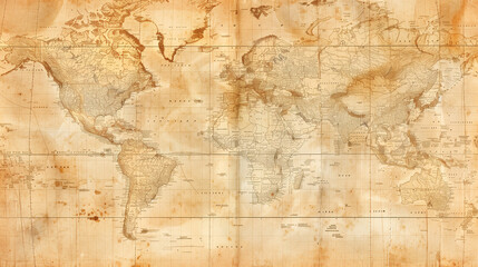 Vintage world map with faded colors and antique texture, Old map paper texture