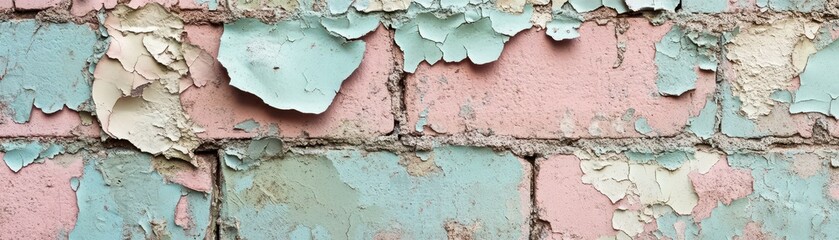 Obraz premium Textured wall featuring peeling paint in blue and pink hues, showcasing the aged and weathered appearance of the surface against a neutral backdrop.