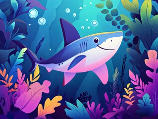 Fototapeta premium Cute shark smiling underwater surrounded by colorful seaweed